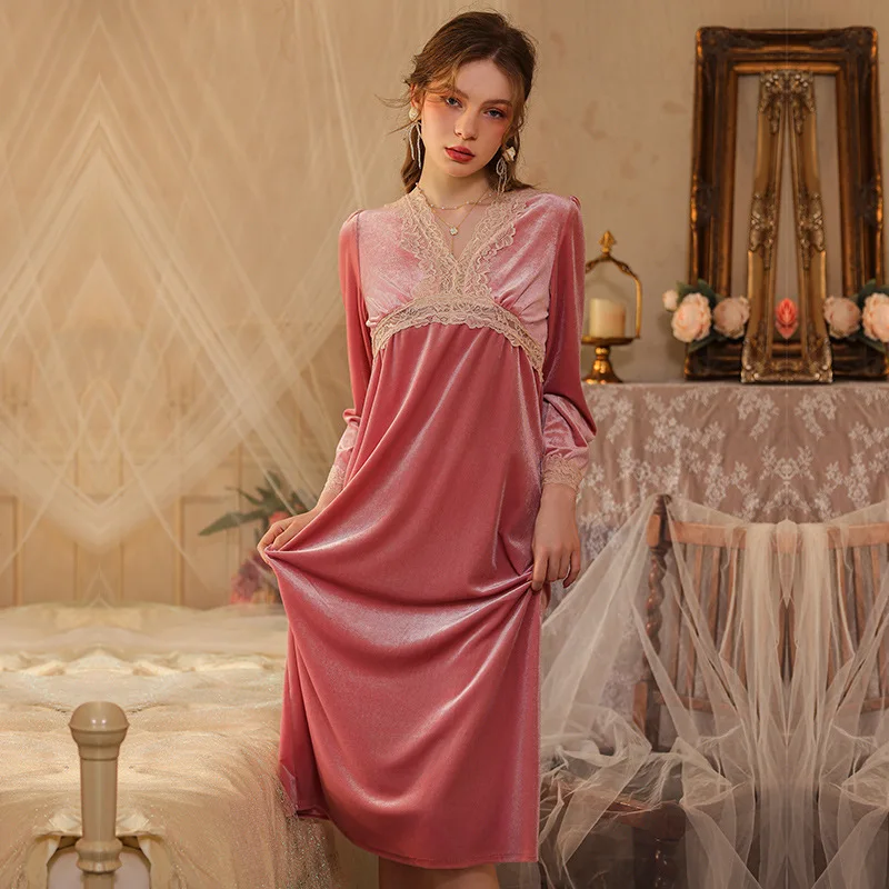 Women Nightgowns Sexy Lace V-Neck Winter Nightdress Woman Gold Velvet Warm Autumn Winter Long Sleeve Casual Sleepwear Home Wear