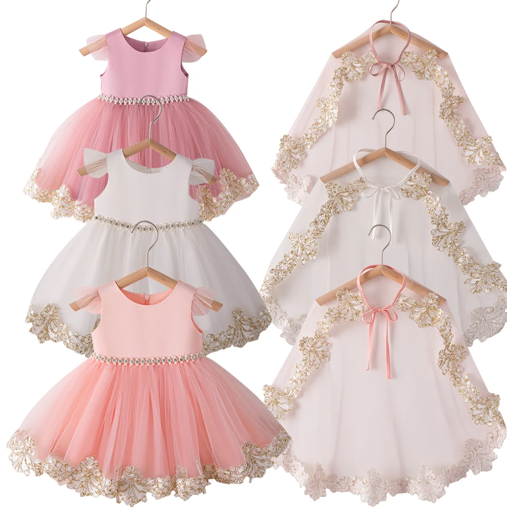 

Роскошная накидка с золотой кружевной аппликацией + платье для девочек, нарядное платье для дня рождения, выпускного вечера, одежда для малышей от 1 до 4 лет, платья принцессы с жемчужным поясом