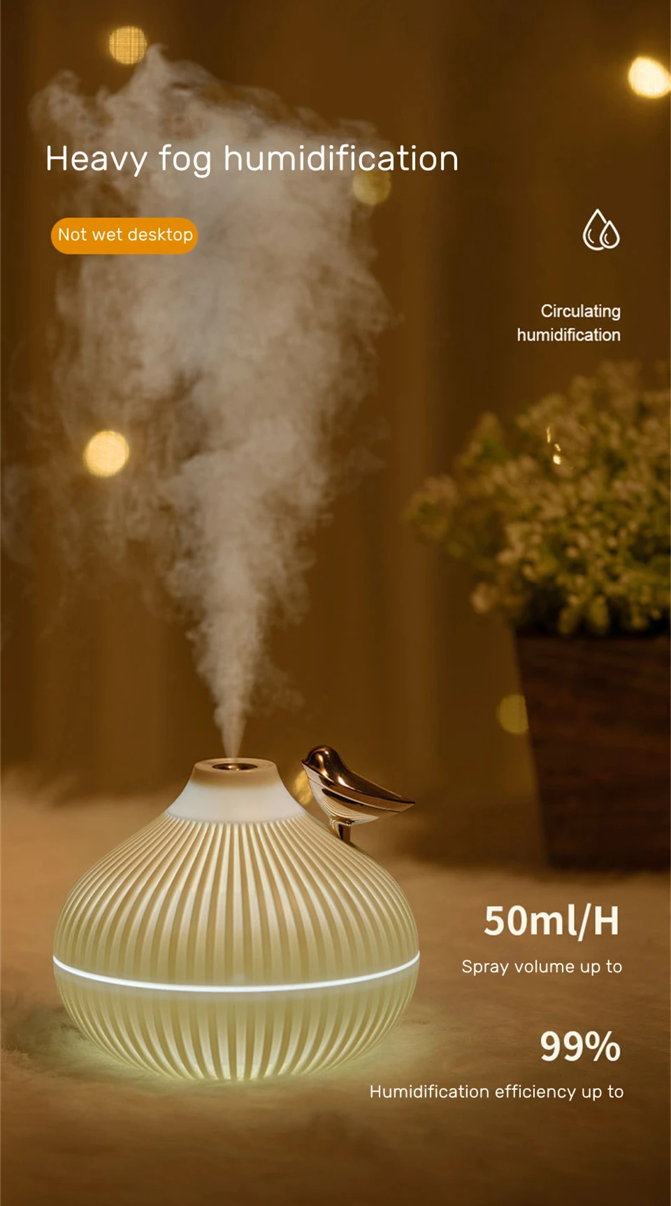 300ml USB Air Humidifier Mini Water Aroma Diffuser with Warm LED Night Light for Home Room Ultrasonic Cool Mist Humidificador