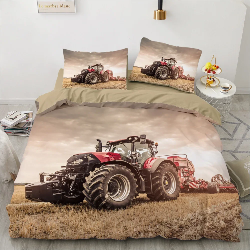 Tractor Kids Duvet Cover,Monster Truck on Farm Pattern Comforter Cover Set King/Queen Size,Country Boys Hobby Car Bedding Set