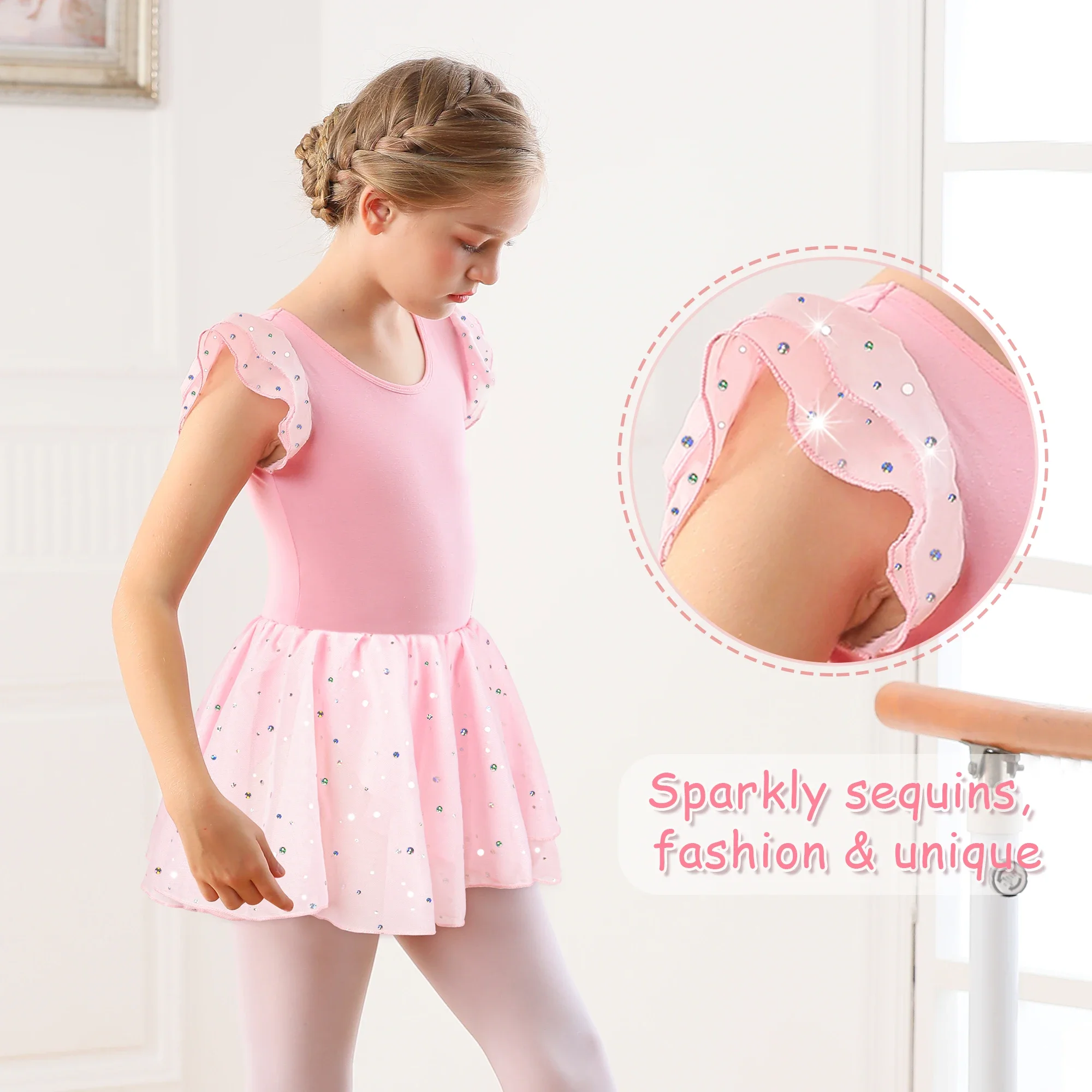 Collant de balé para meninas, vestido de balé com manga esvoaçante, oco, costas cruzadas, saia de dança brilhante para crianças