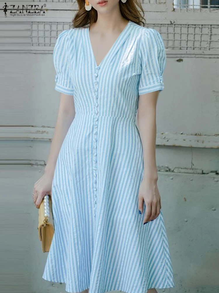 Zanzea elegante feminino listrado azul midi vestidos coreano moda vintage com decote em v manga curta puff cintura cabida vestido linha a S-3XL