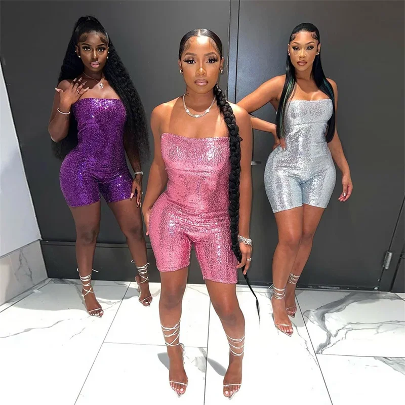 Summer Women Sleeveless Strapless Skinny Sexy Glitter Playsuits 2024 Bling Sequins Slim Party Playsuit Night Club Rompers Silver