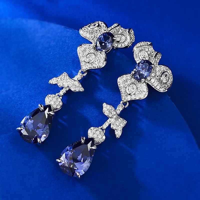 S925 Silver Live New 9 * 13 Pear shaped Tanzanian Blue Grand Full Diamond Earrings Light Luxury Premium 