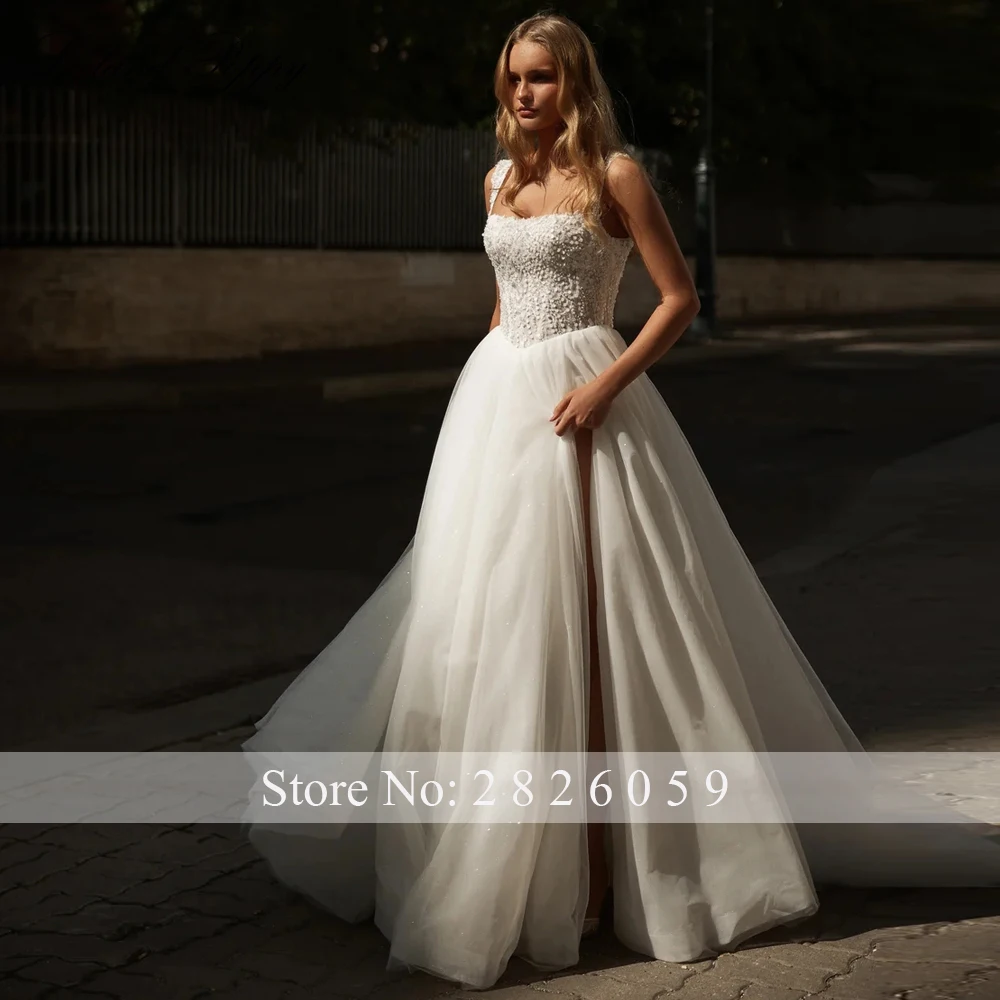 Lceland Poppy Customized A Line Square Neck Wedding Dresses Illusion Beaded Lace Bridal Gowns with High Slit