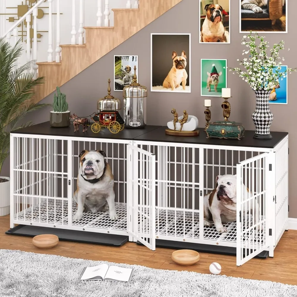 Dog Crate, 84Inch Large Combinable Dog Wooden Kennel with Three Doors, End Table Style Doggy Metal Cage with Removable Tray