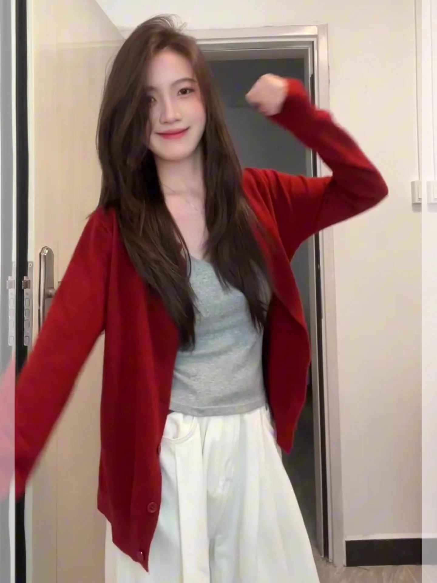 

Red Knitted Open Cardigan Women's Thin Early Spring Korean Style Long Sleeve Top Comfortable Commute Fashion Casual Outerwear