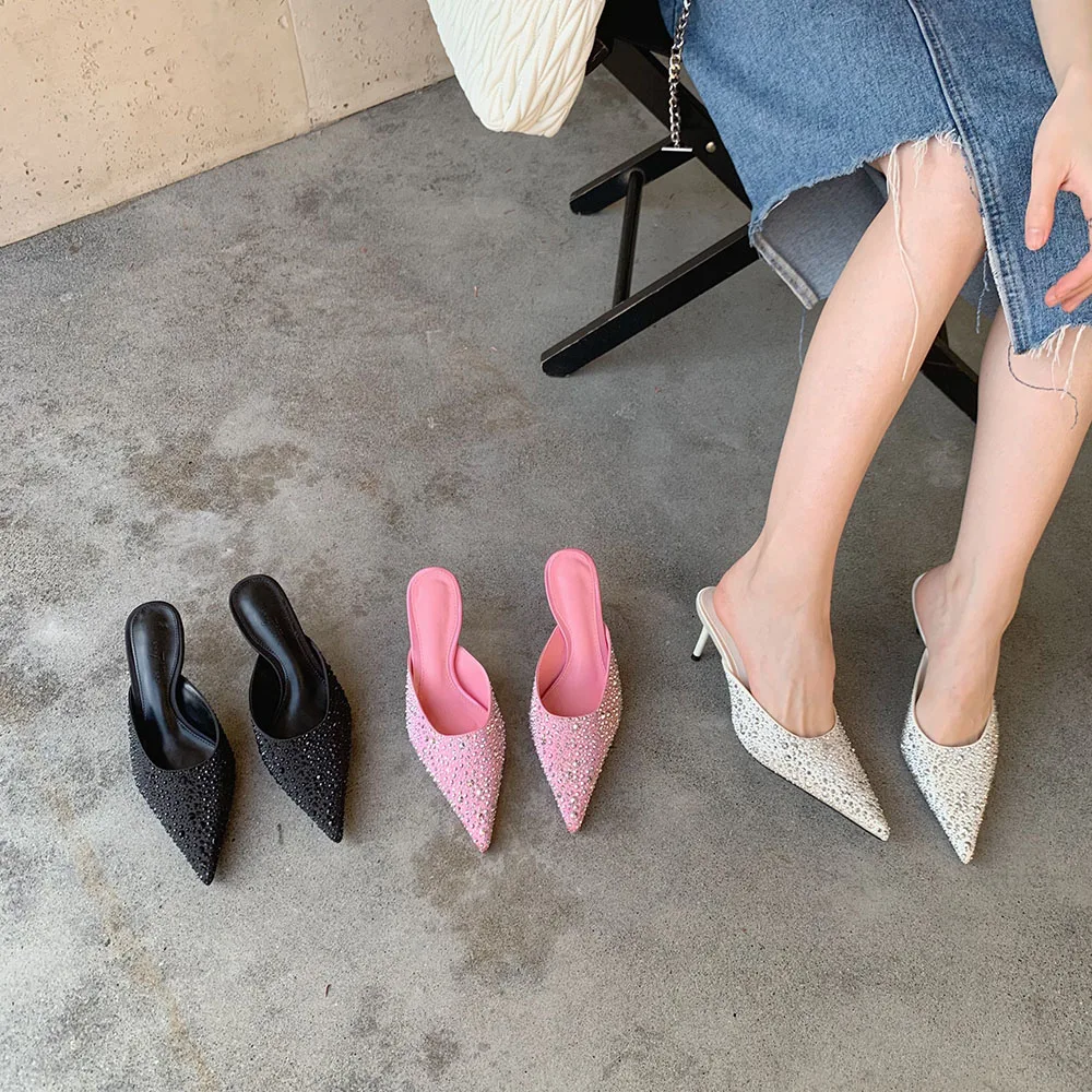 Pointed Toe Women Sandals Slippers Black Pink White Shining Dress Shoes Thin High Heels 2024 New Arrivals Party Pumps Sexy Slide