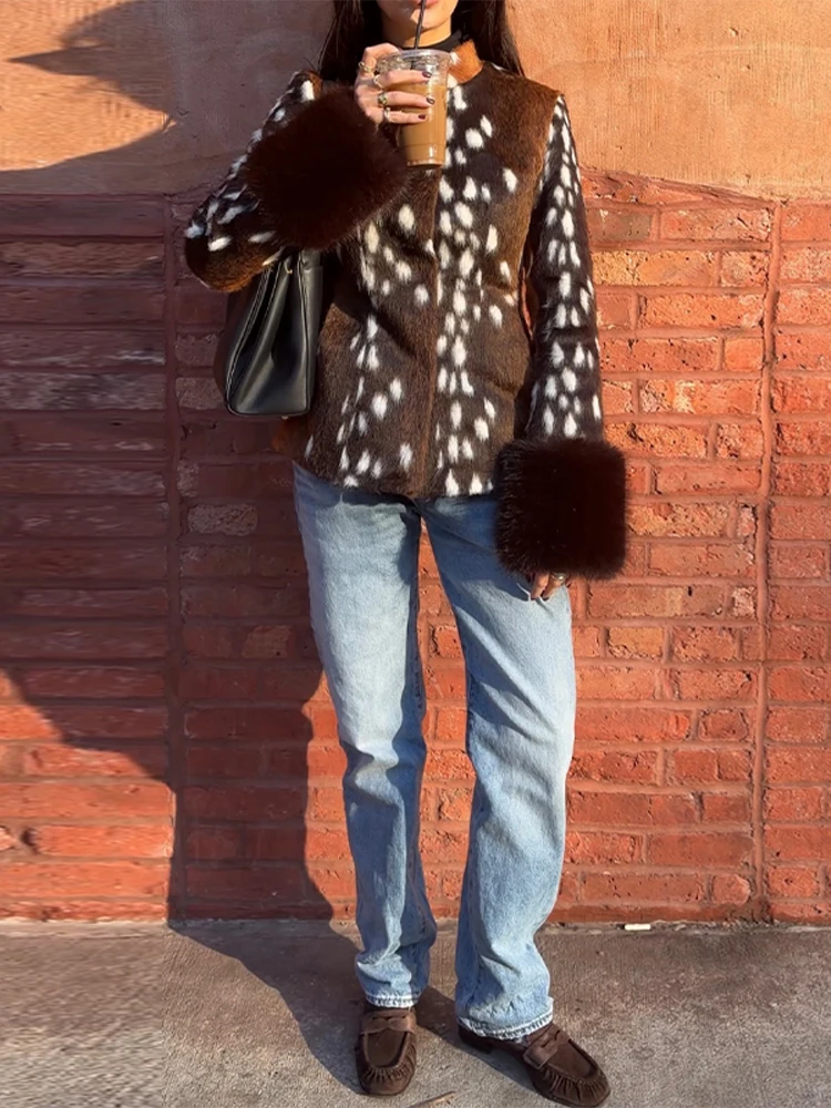 Leoparden-Damenjacke mit Kunstfellärmeln, schmal geschnitten, einreihig, dicker Mantel, Herbst/Winter 2026, Vintage-Stil, verdeckte Knöpfe, Damen-Oberbekleidung