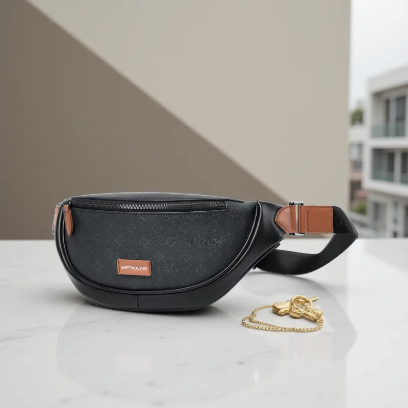 Septwolves Printed Leather Men Travel Fanny Pack Waterproof Fashion Monogram Print PU Sport Running Sling Waist Bag iPad Bumbag