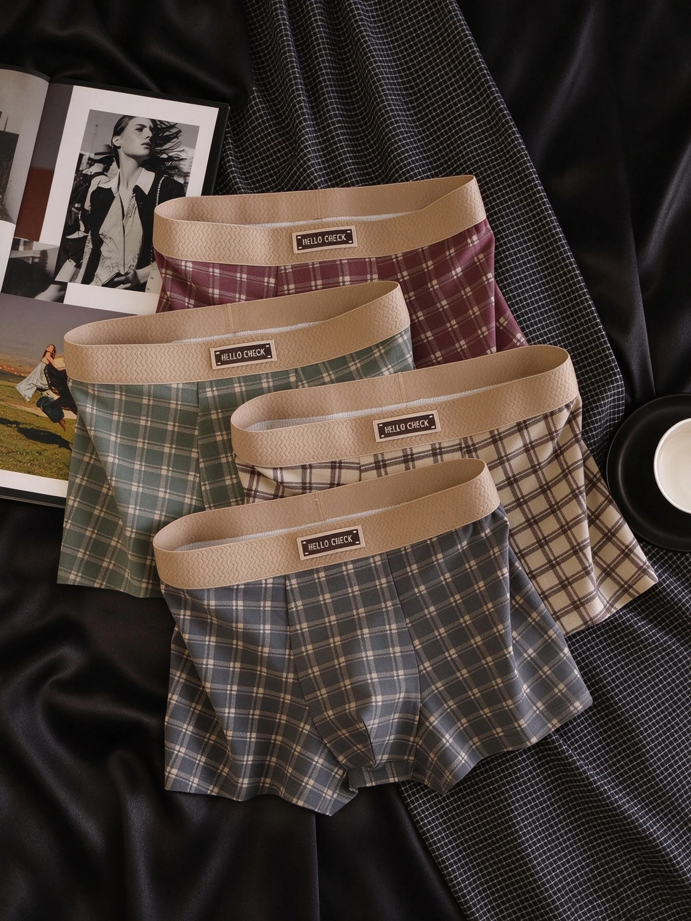 4PCS men's panty check pattern fashion breathable comfortable skin-friendly boxer shorts