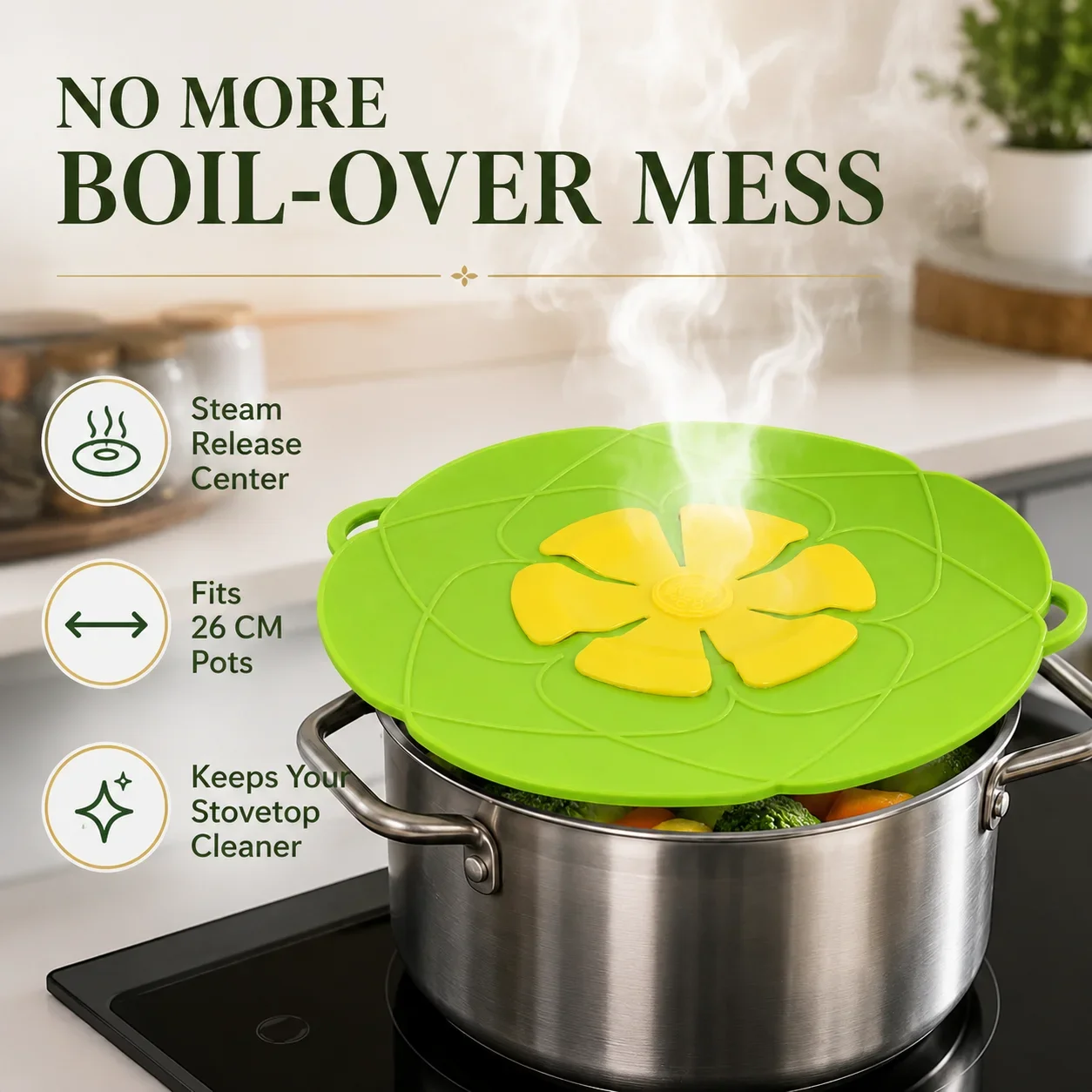 Silicone Splash Guard Lid 26cm, Heat Resistant Flower Shaped Cover, Anti Boil Over Pot Lid for Home Kitchen Use