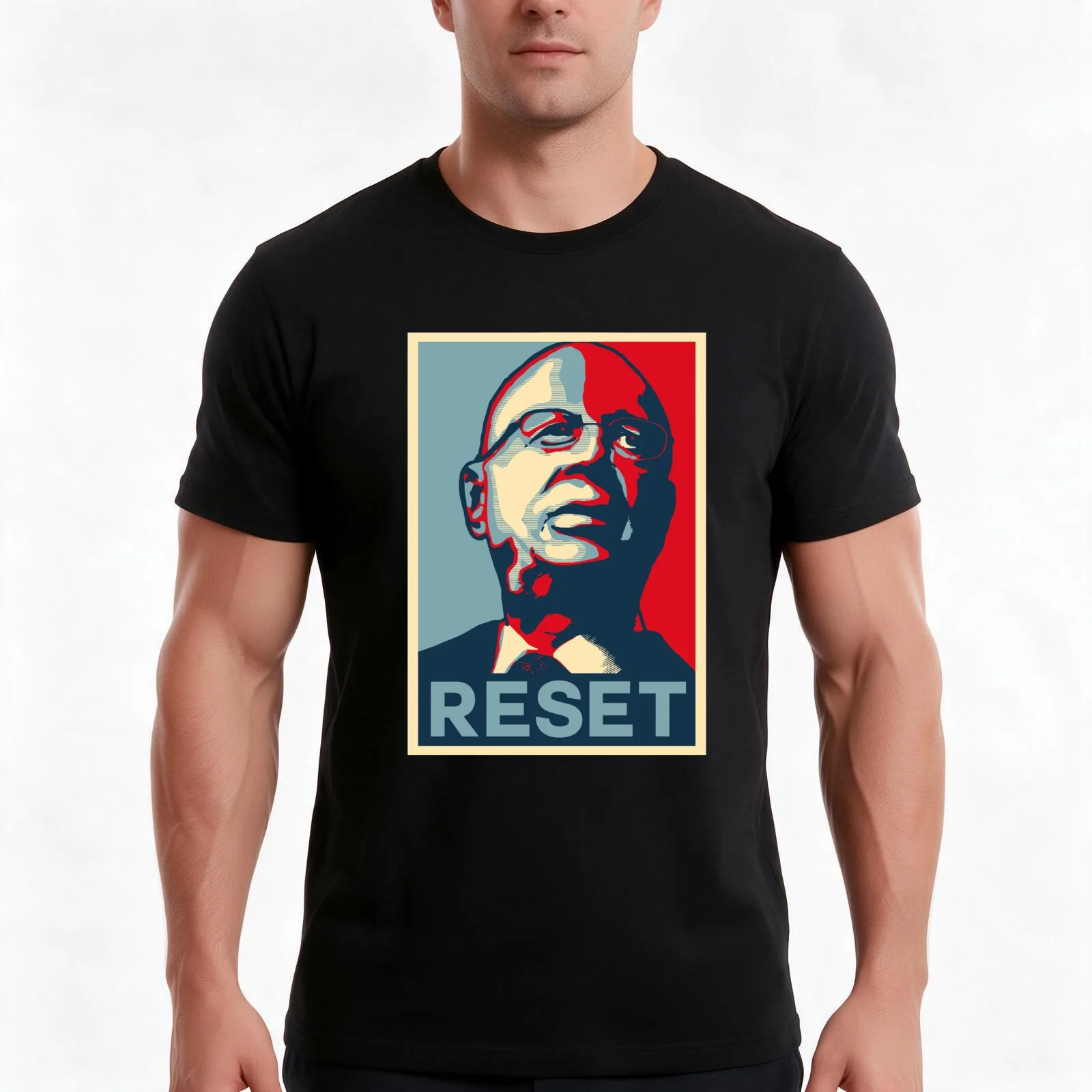 Klaus Schwab Reset T-Shirt, Summer Casual Cotton Tee, Oversized Streetwear Tops, Vintage Graphic Print, Loose Fit Short Sleeve