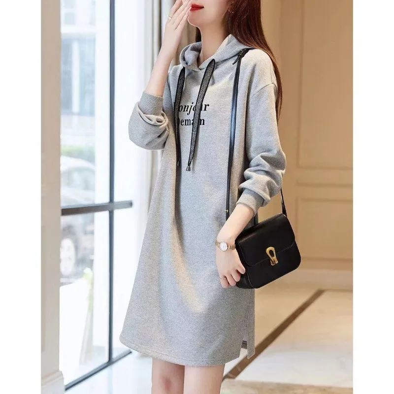 

Autumn and Winter Women's Pullover Hooded Drawstring Letter Printed Solid Color Lantern Long Sleeved Casual Fashion Loose Dress