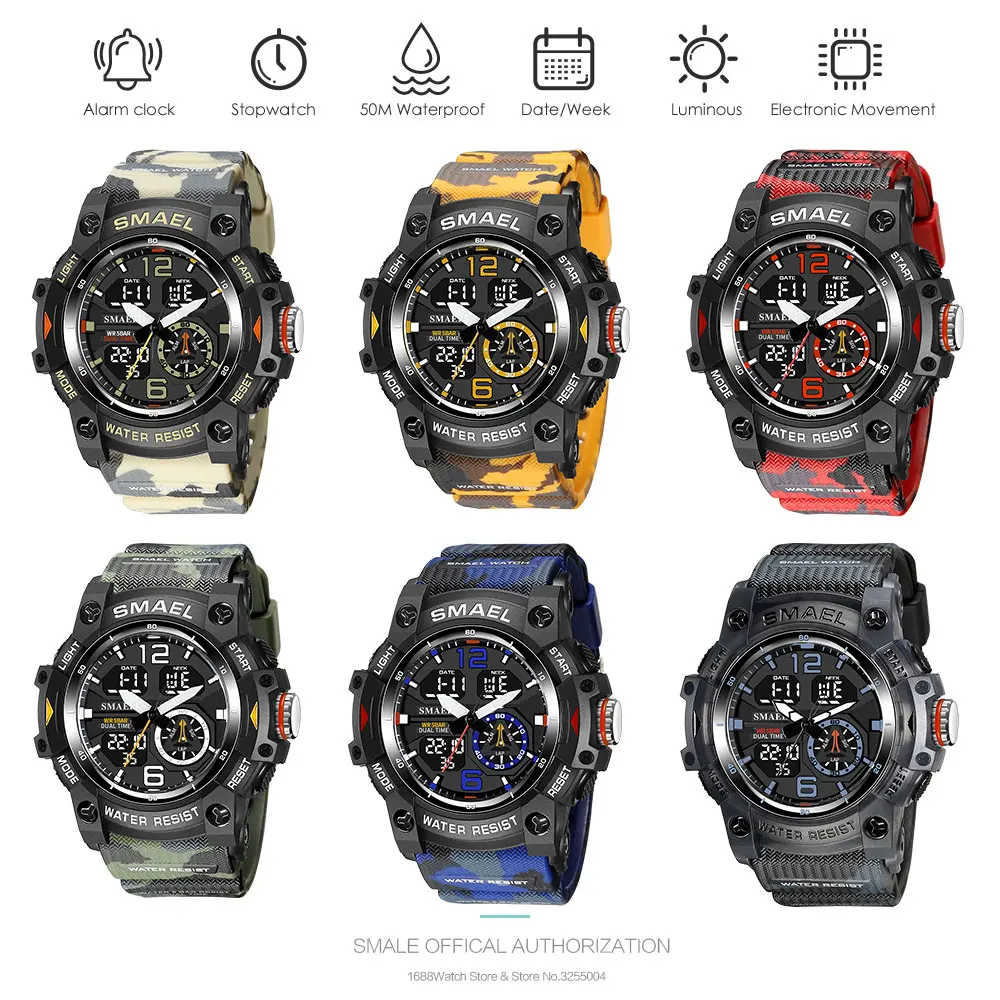 SMAEL Camouflage Red Strap Digital Watch for Men Waterproof Dual Time Display Quartz Wristwatch with Chronograph Date Week 8007