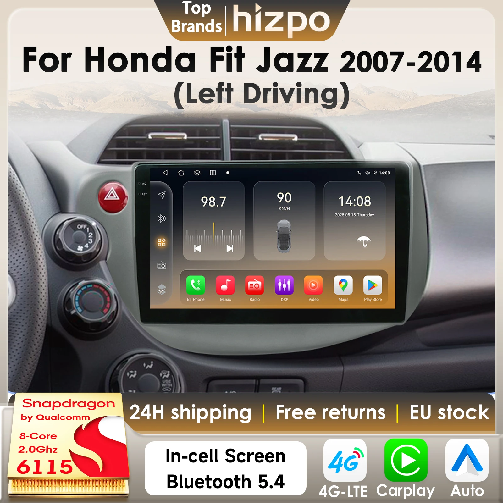 Hizpo 8G 128G Autoradio Autoradio Für Honda Fit Jazz Links 2007-2014 AI Auto Multimedia GPS 4G Carplay von Qualcomm Snapdragon6115