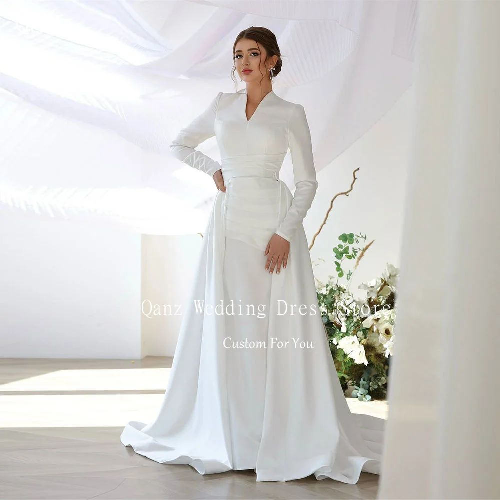 Qanz Modest Muslim Wedding Dresses Long Sleeve V Neck Civil Bride Dresses Detachable Tail Evening Prom Party Gowns Customized