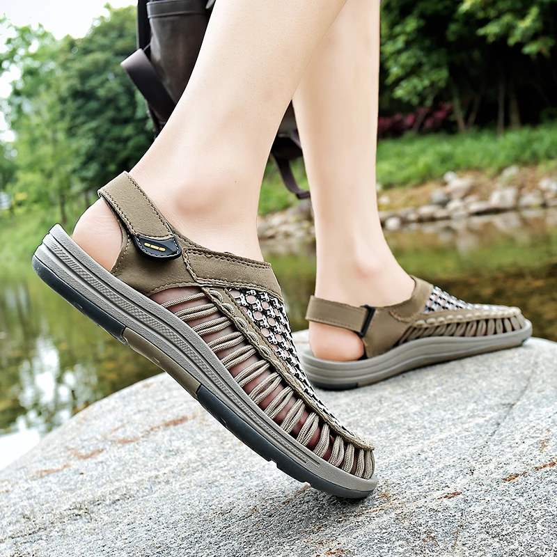Men's Handmade Woven Beach Sandals New Summer Outdoor Casual Comfortable Hollow Out Walking Driving Shoes Plus Size 47