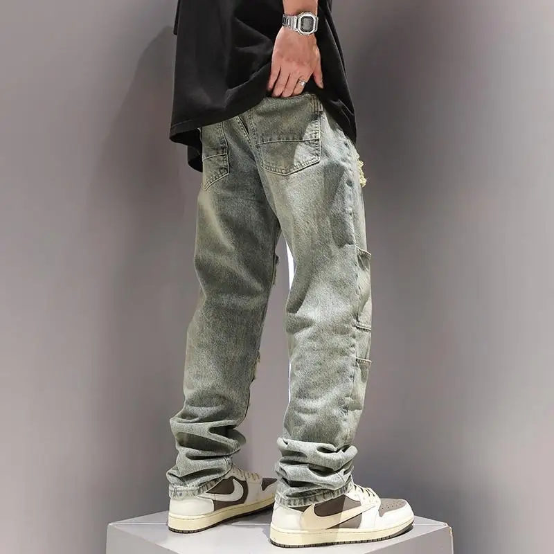 American retro distressed multi pocket straight leg jeans high street hip-hop pants pants baggy ripped  cargo men jeans