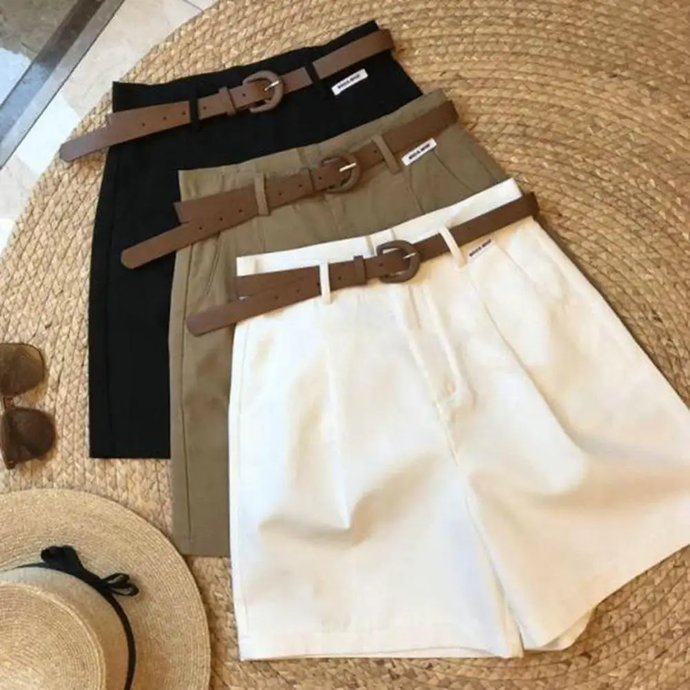 Pantalones cortos de verano con cinturón para mujer, traje de cintura alta de Color sólido, bolsillos sueltos, cierre de botón con cremallera, pantalones cortos de viaje