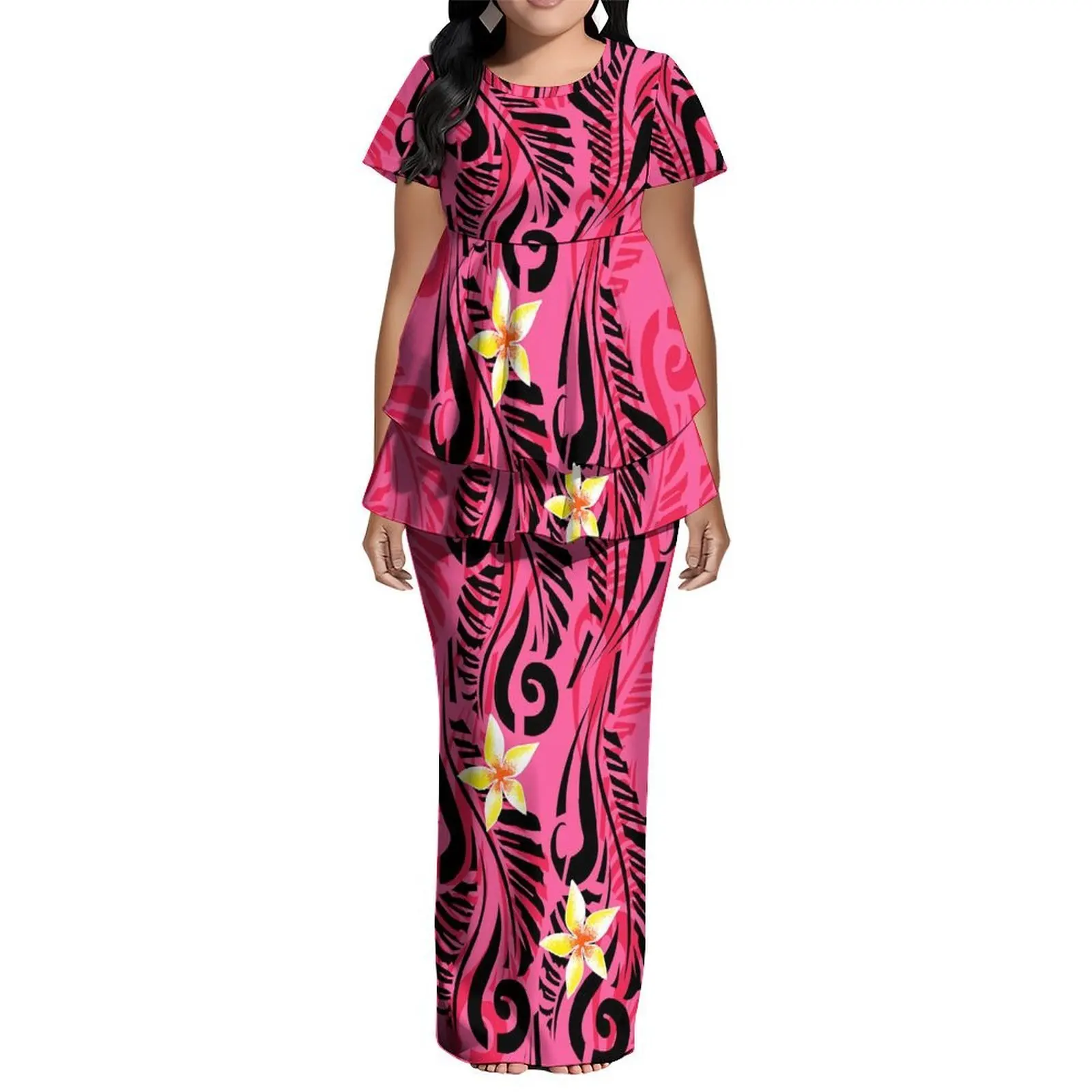 Retro Casual Puletasi Set Skirt - Polynesian Custom Double-Layered Hemmed Fitted Top - Sexy Fitted Half-Length Dress