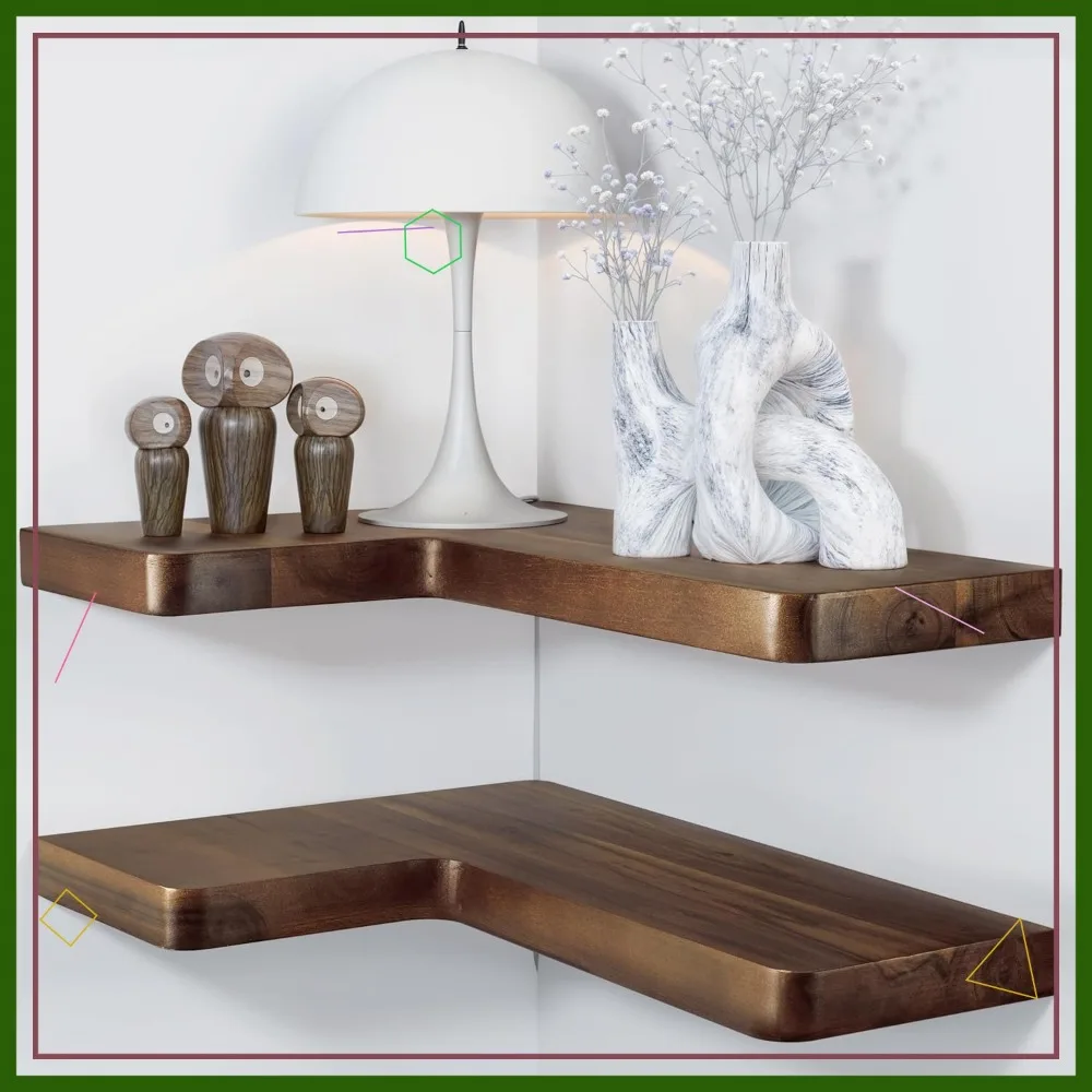

Acacia Wood Corner Floating Shelf 17" x 12" - Wall Mounted Book Shelves for Home and Kitchen with Brackets (Walnut Color)