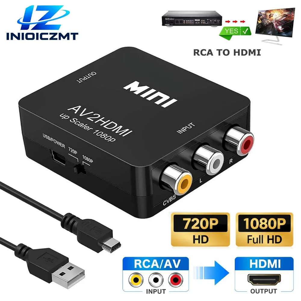 RCA To HDMI Converter 1080P AV To HDMI Adapter CVBS Composite Video Audio Converter PAL NTSC USB Powered for TV DVD VCR Camera