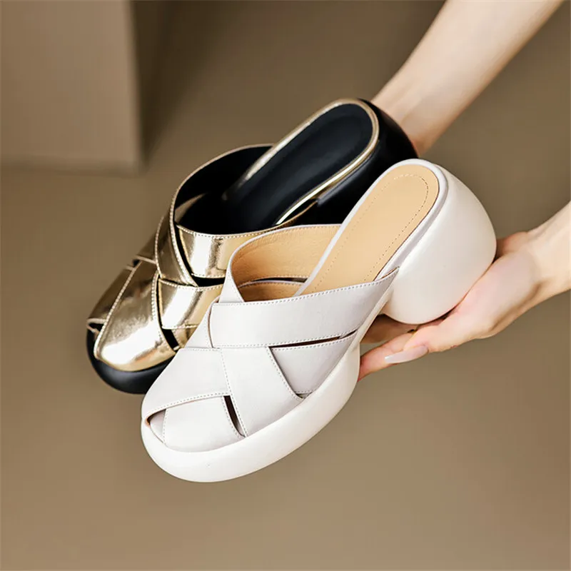 2023 Summer Sandals Split Leather Round Toe Slippers Platform Gladiator Shoes Chunky Heels Shoes for Women Handmade High Heels