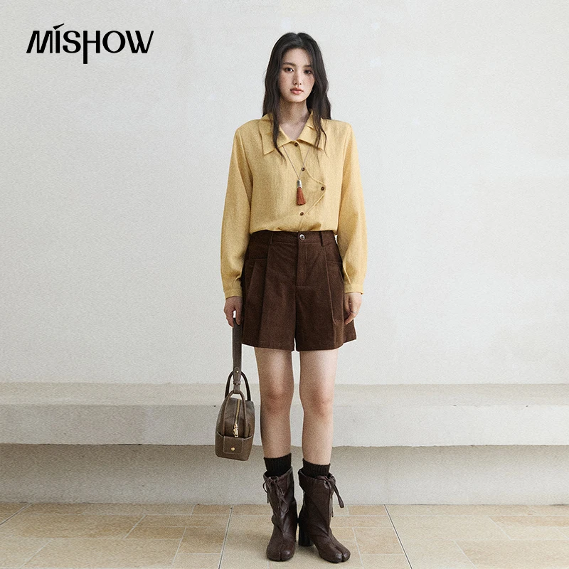MISHOW Women's Yellow shit 2026 Autumn Asymmetrical Curved Lapel Long Sleeve Shirt Elegant Casual Office Lady Top MXF41C2543