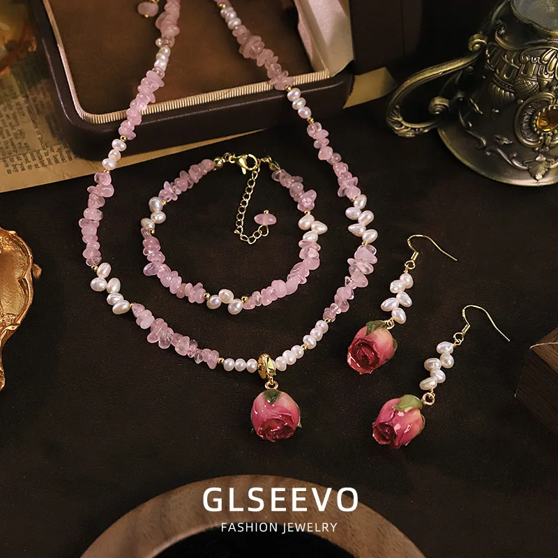 Natural Pearl Powder Flower Bud Necklace Bracelet And Earring Set – A Versatile Jewelry Wome