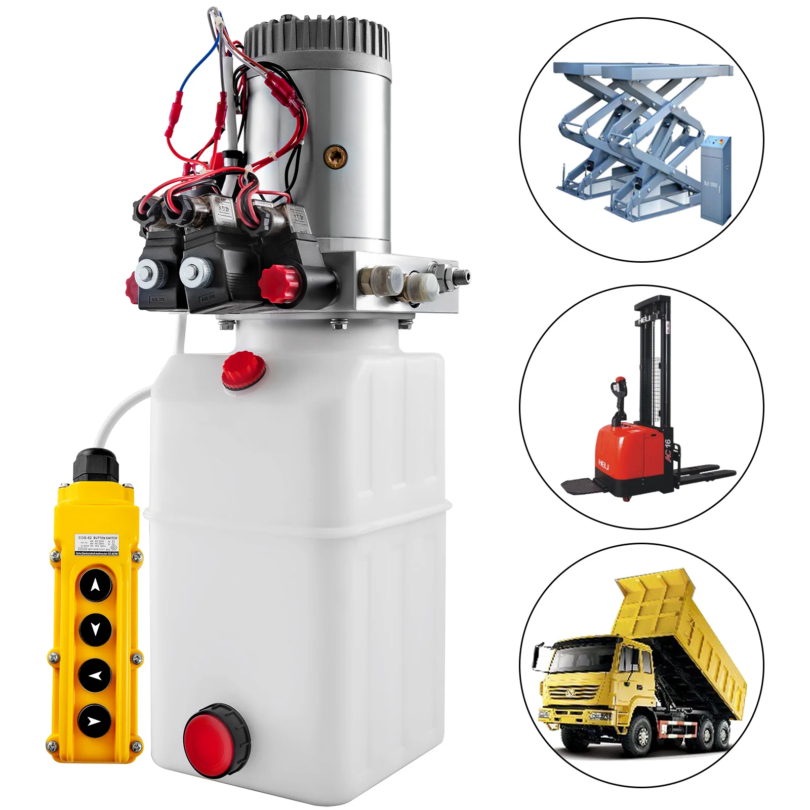 

SucceBuy Hydraulic Pump Power Unit 12V 24V DC Double Acting&Solenoid W/ 6L 8L White Plastic Tank Car Liftng Fit for Auto Repair