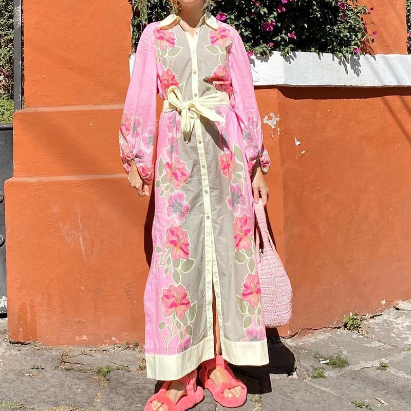 

Весна 2024, элегантное платье-халат, хлопковое и льняное платье с поясом и цветочным принтом, женские свободные однобортные платья с рукавами-фонариками и разрезом