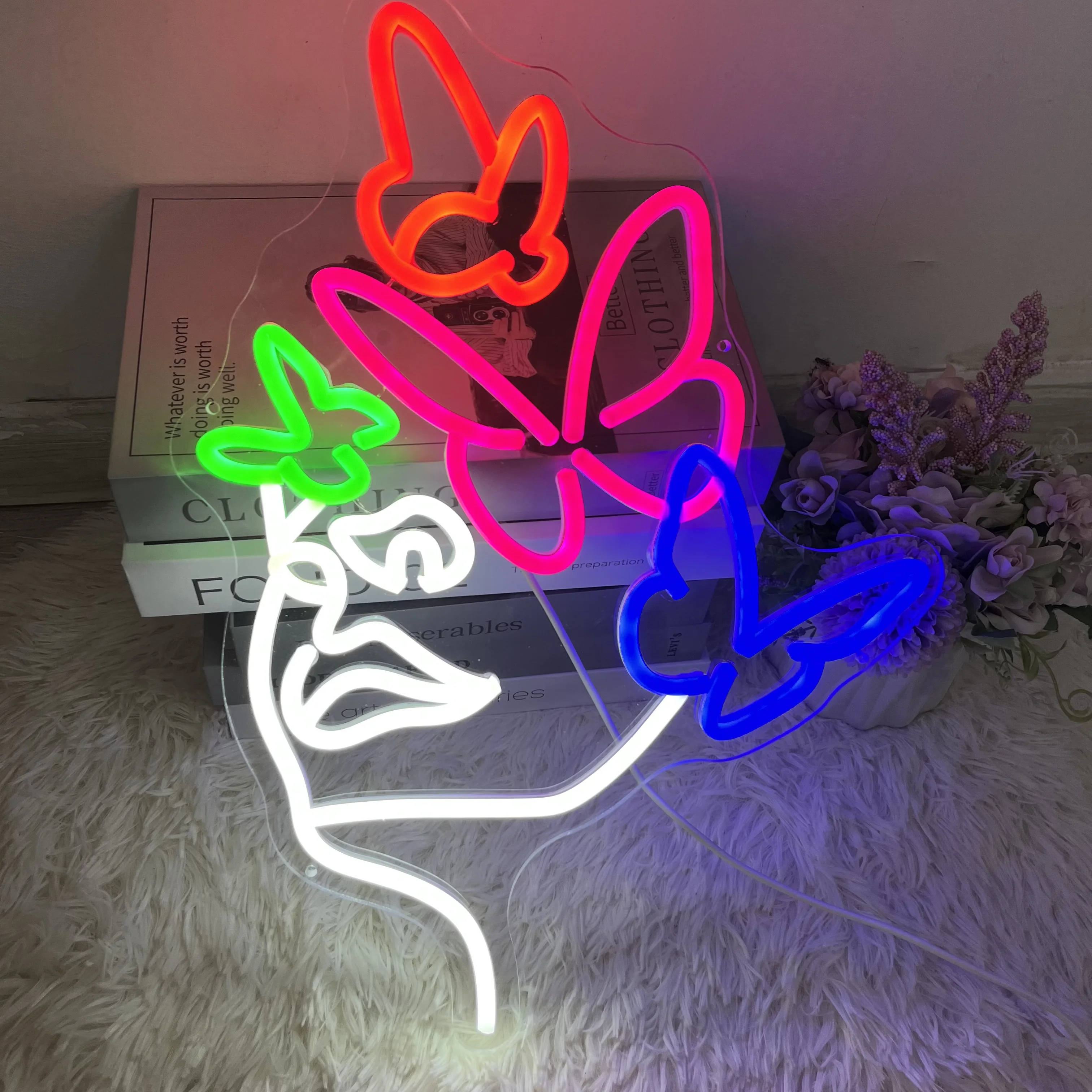 Custom Neon Sign Woman Face Line Art Neon Signs Butterfly Lady Led Night Light for Bedroom Club Wall Decor Atmosphere Art Neon