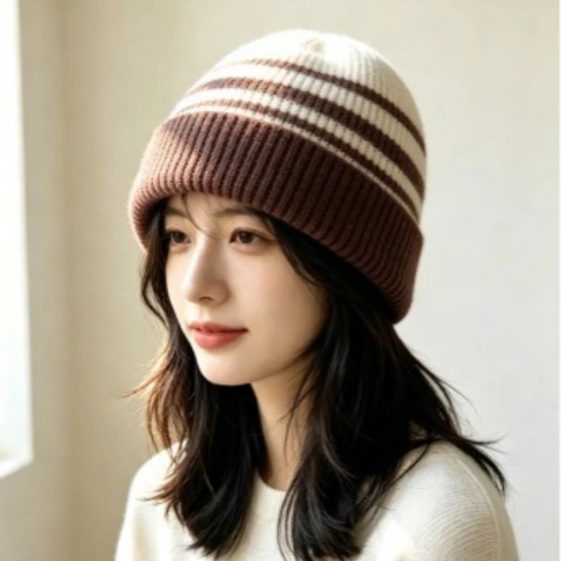Women Winter Beanie Hat Striped Pattern Knitted Warm Cap Ribbed Cuffed Autumn Outdoor Skiing Casual Soft Stretchy Skull Hat