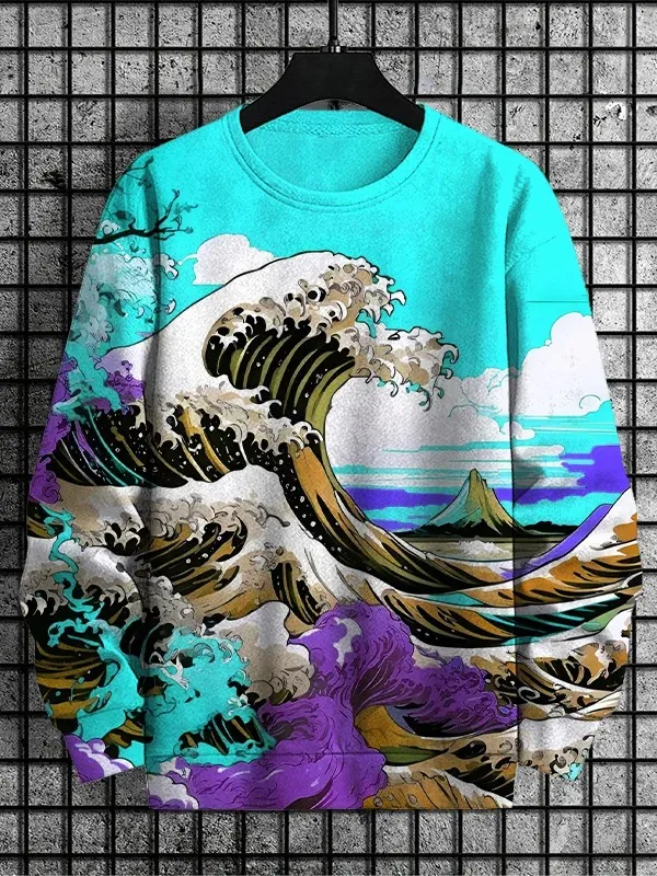 

Fashion Men'S Sweatshirt Japanese Landscape ukiyo-e Crew Neck Pullover, Casual Outdoor Tops Regular Fit Polyester Holiday Shirts