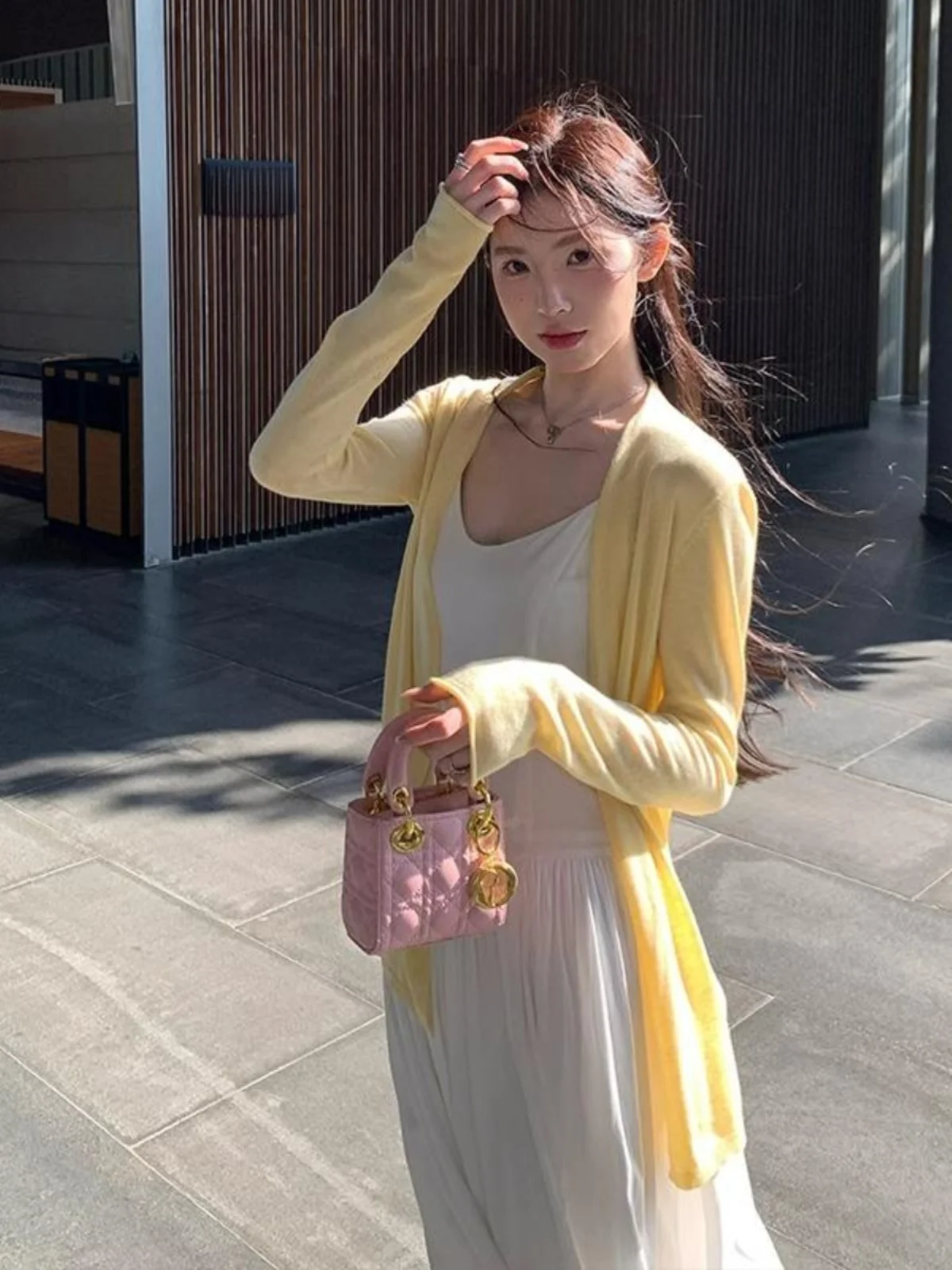 

Pink Knitted Open Cardigan Women's Spring Summer Lazy Long Sve Thin Sweater Jaet Outerwear Top Mid-Length Loose Fit