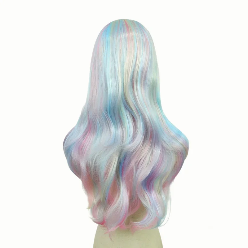 Anime, Europese en Amerikaanse stijl damespruik, met gekleurd, middellang, krullend synthetisch haar.