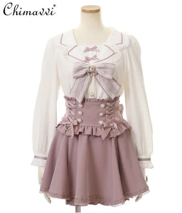 Japanese Style Ribbon Bow Rhinestone Pearl Buckle Detchable Suspender Skirt Women Girls Sweet Cute A-line Short Skirt