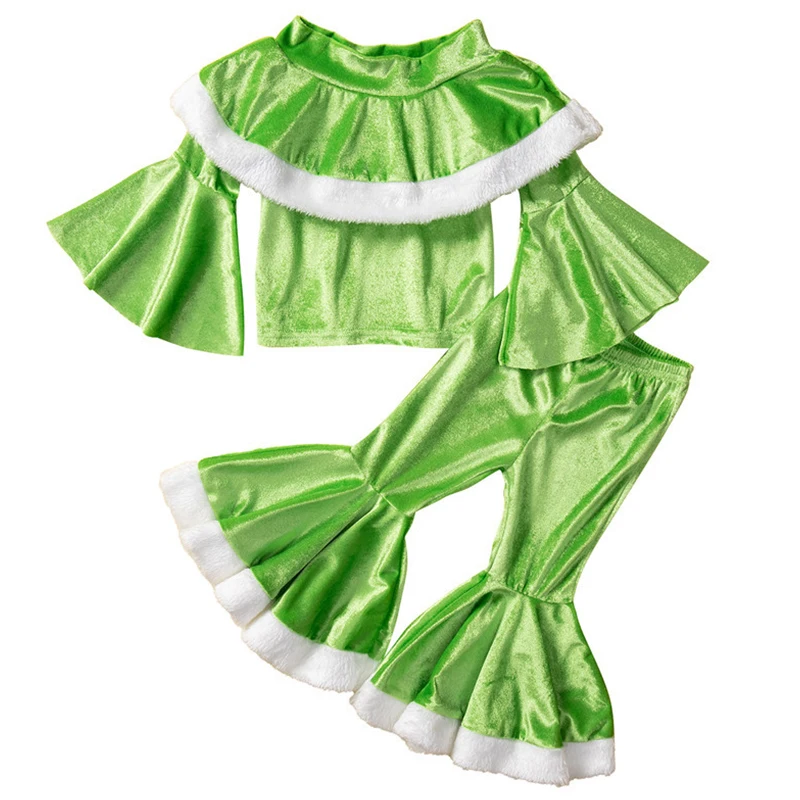 

Winter Toddler Christmas Baby Girls Boutique Outfits Fleece Ruffled Top+Flared Pants Children Clothes Kids Clothing Set BC265