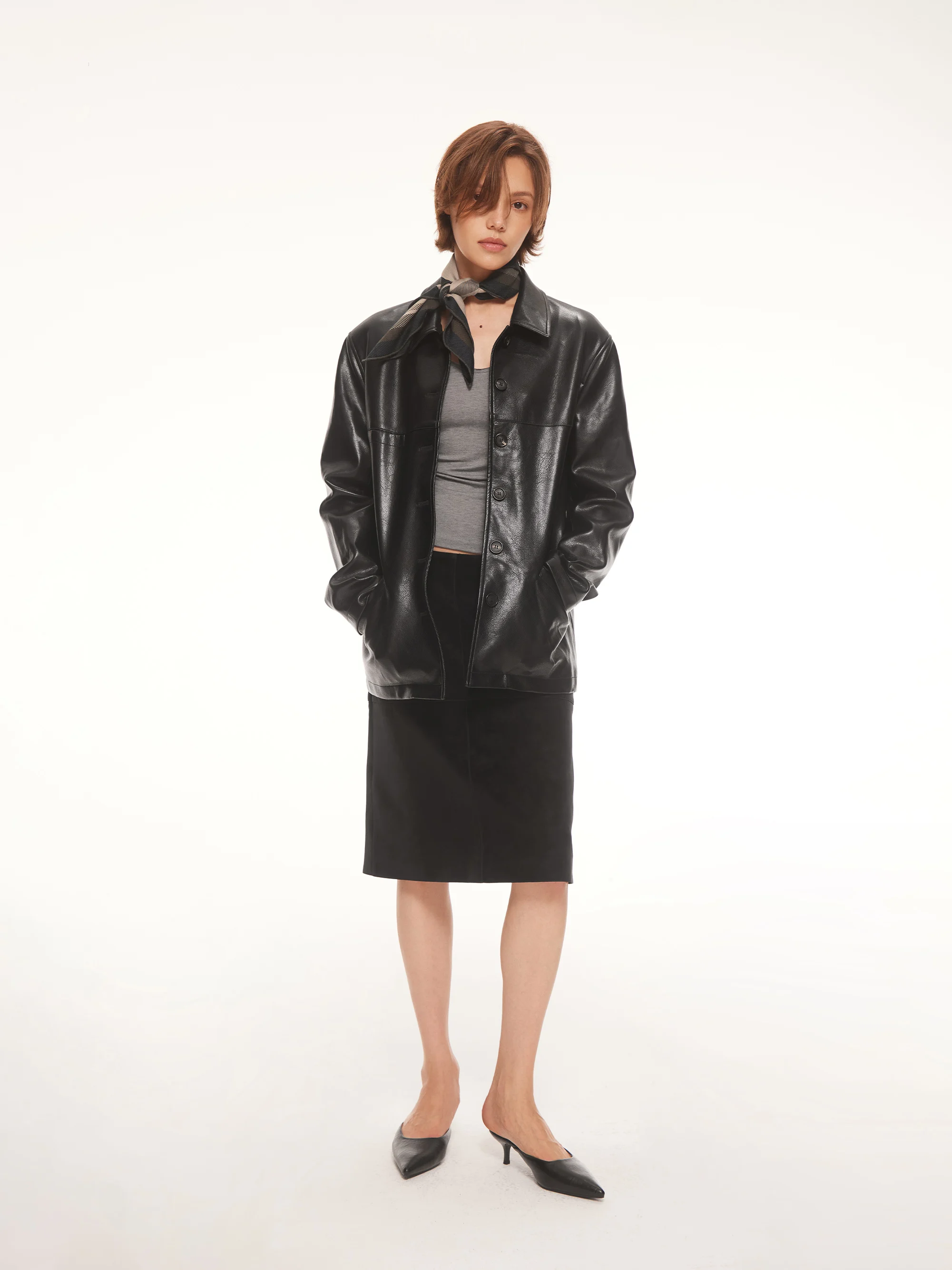 AHNKANK Vintage Shoulder Length Leather Jacket Women's Loose Fit Mid-Length Turn-down Collar Black Leather Coat for Autumn