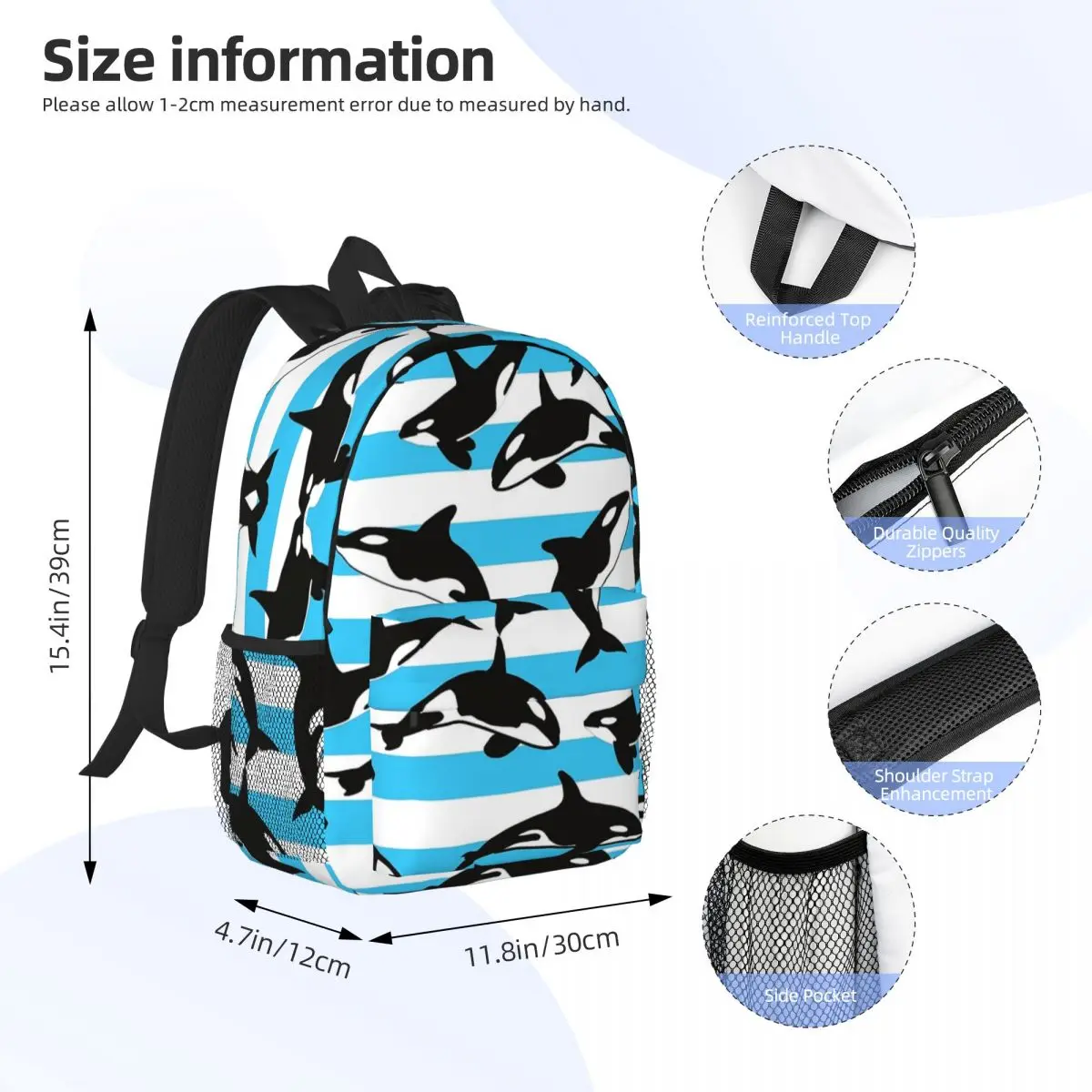 Orca Killer Whale Backpacks Boys Girls Bookbag Cartoon Students School Bags Travel Rucksack Shoulder Bag Large Capacity