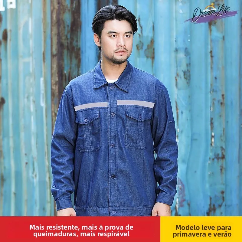 ensemble-de-travail-d'ete-en-jean-fin-pour-hommes-avec-bandes-reflechissantes-resistant-a-l'usure-en-coton-et-polyester