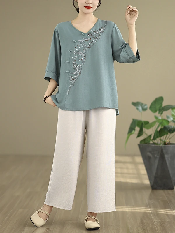 

Faionable Cotton Linen Set with Embroidery Elastic Waist Wide Leg Pants V-Ne T-irt Two-Piece Ensemble for Women