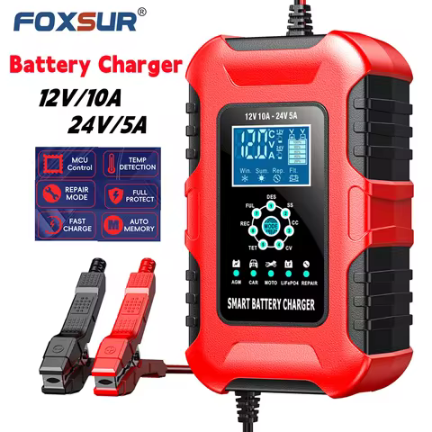 FOXSUR Car Battery Chargers 12V/10A 24V/5A Full Automatic AGM Wet Smart Battery Chargers Maintainer Portable Battery Chargers