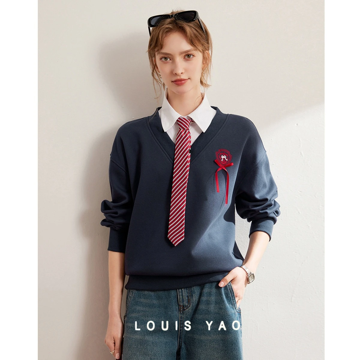 LOUIS YAO New Embroidery Detachable Tie Women's Sweatshirts 2025 Spring Fake Two Piece Tops Colours Collar Long Sleeve Hoodie
