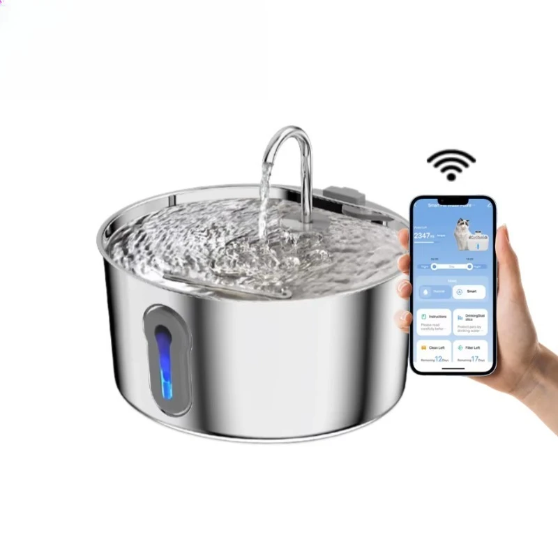 Hot Sale Ultra Quiet Wireless Charging LED Stainless Steel Smart Sensor Automatic Pet Water Fountain App Control