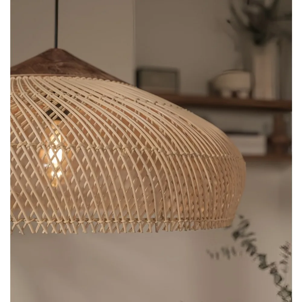 Vintage Rattan Pendelleuchte Gewebt Korbgeflecht Beige Kronleuchter Deckenhängelampe für Esszimmer Esstisch Wohnzimmer 60CM – Detail 7