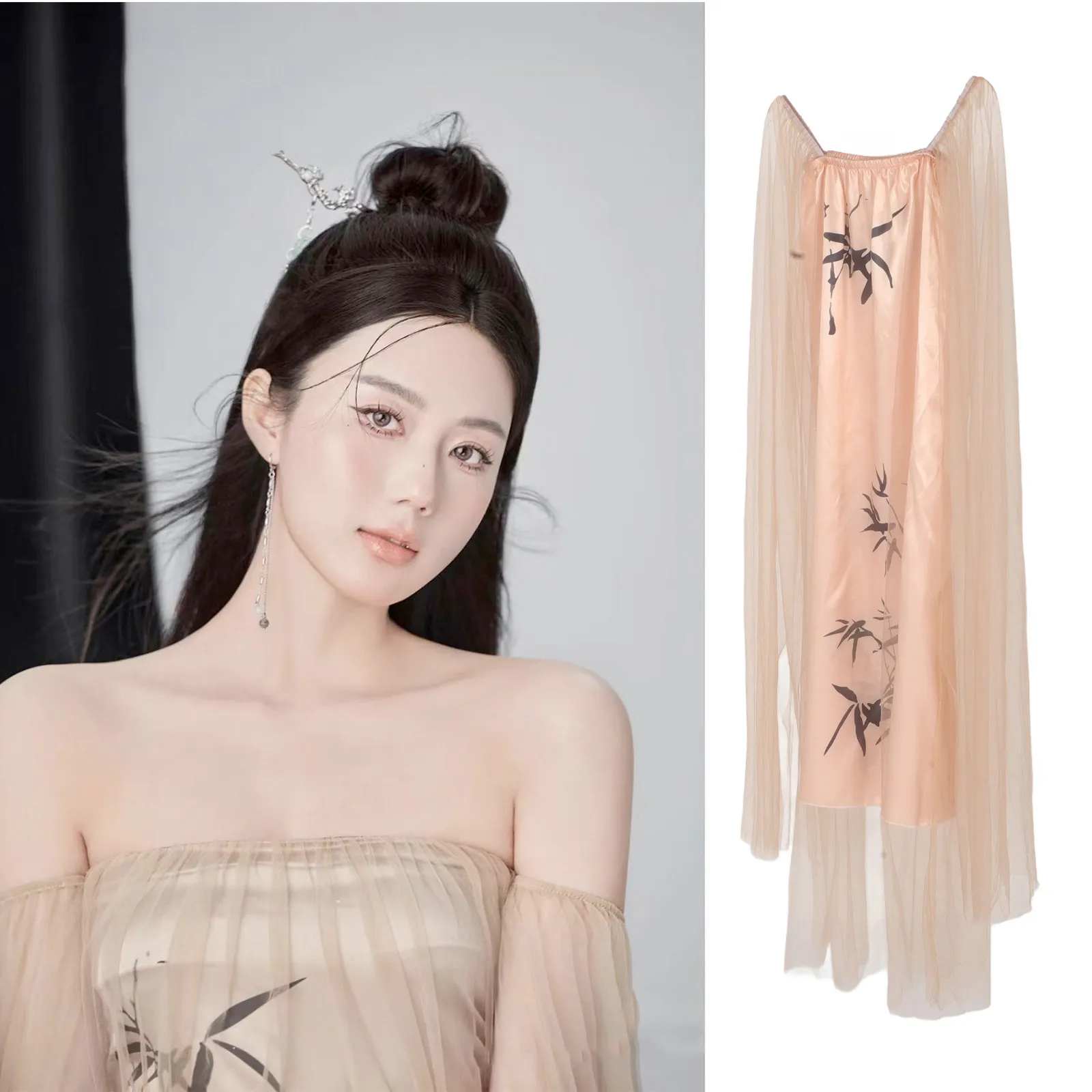 

Elegant Bamboo Leaf Print Strapless Maternity Gown for Pregnancy Photoshoot Comfortable Stretch Fabric Maternity Dress