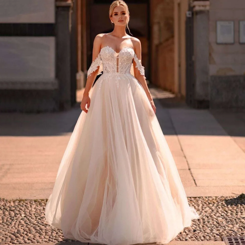 

Customized Boho Tulle A Line Wedding Dresses Applique Sweetheart Bride Dress Off Shoulder Bridal Gowns Vestidos De Novia