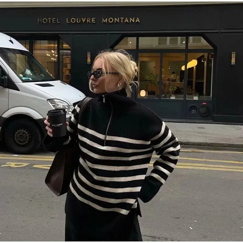 النمط الأوروبي والأمريكي فضفاض عارضة مخطط متماسكة سترة عارضة فضفاض الرجعية بدوره إلى أسفل طوق نصف البريدي السترة #2